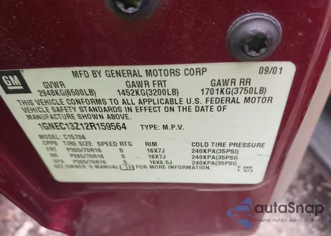 2002 Chevrolet Tahoe Ls z USA, uszkodzony, nr VIN 1GNEC13Z12R159564